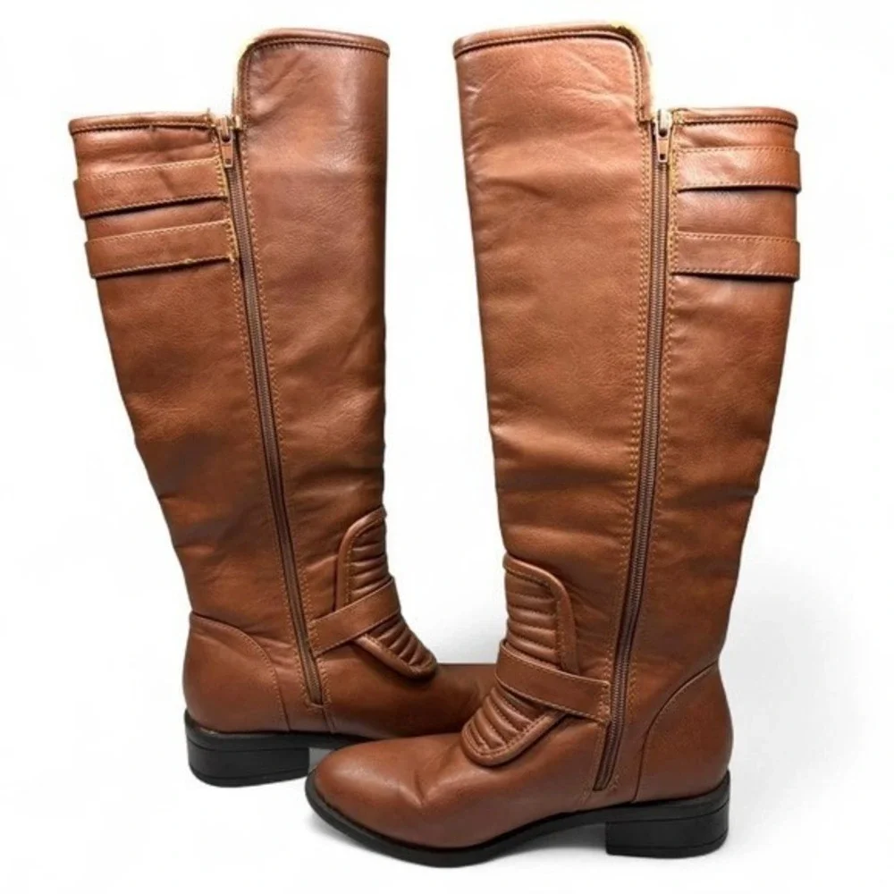 Jacobies Brown Faux Leather Knee High Boots Womens Sz 6.5 Buckle Side Zip Riding